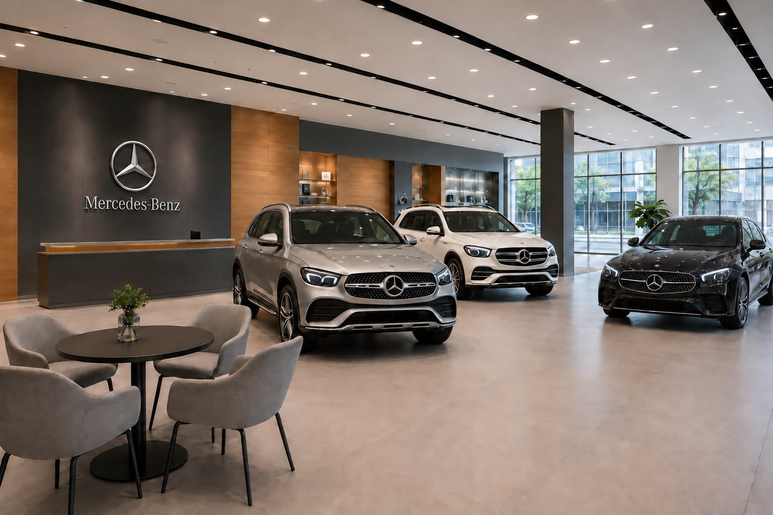 Mercedes-Benz 차량과 상담 공간을 함께 보여주는 AI 편집 예시